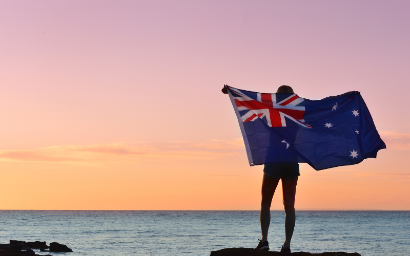 Australia flag in sunset 