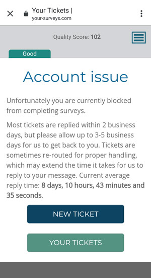 YourSurveys blocked account message