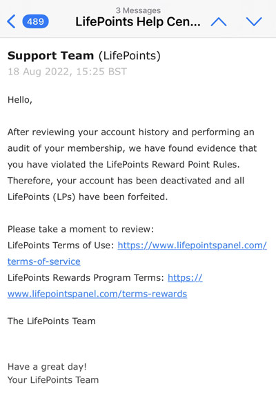 Lifepoints account deactivated and points forfeited