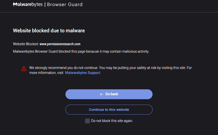permissionresearch blocked by Malwarebytes