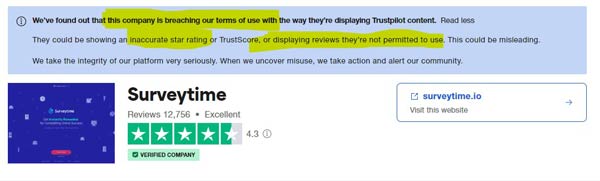 surveytime fake reviews on trustpilot screenshot